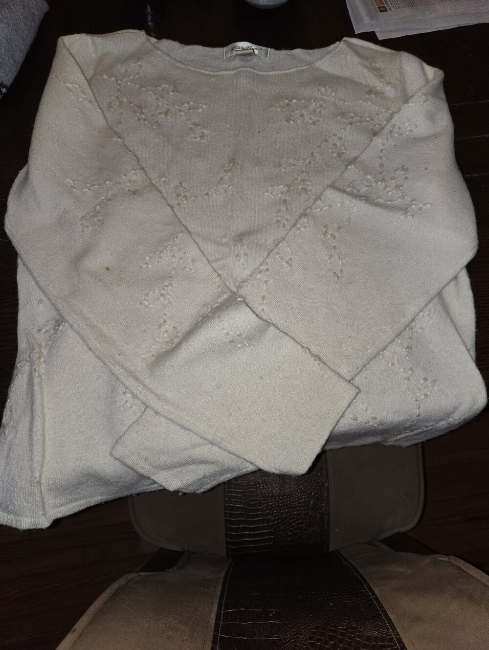 Eddie Bauer Cream Embellished Crew Neck Sweater
